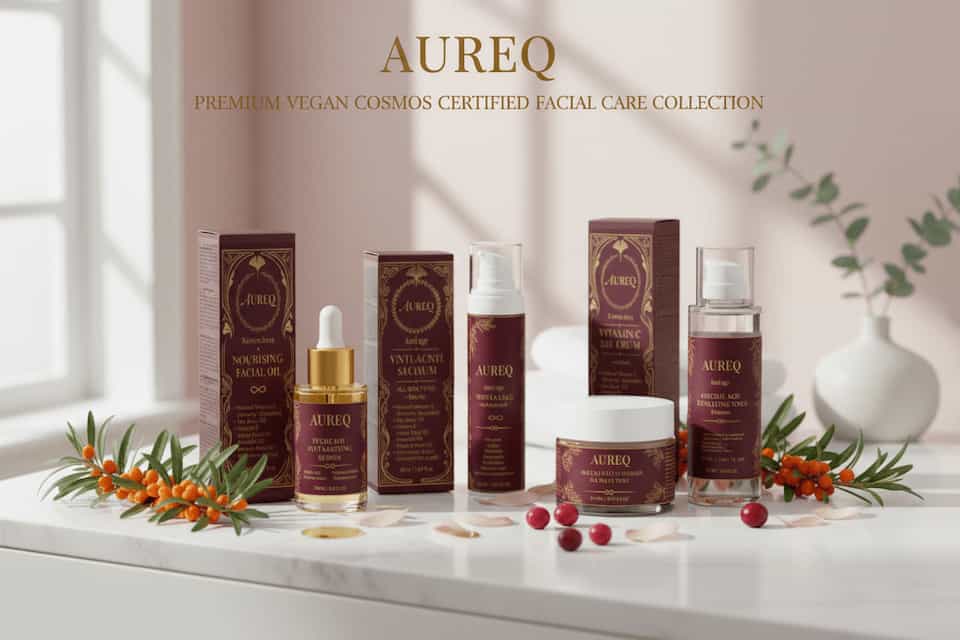 AUREQ Face Care natural vegan facial care collection with COSMOS certified serums, peptide treatment and hyaluronic acid cream