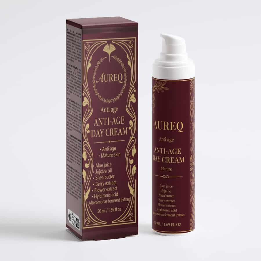 Hydrating day cream with hyaluronic acid in a stylish AUREQ packaging for smoother, healthier-looking skin.