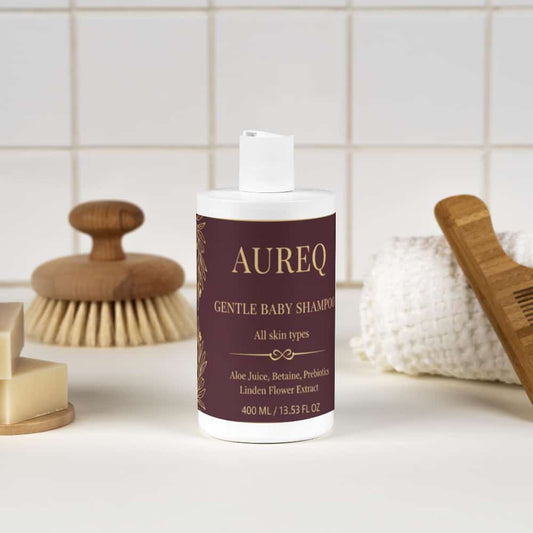 gentle baby shampoo by AUREQ tear-free baby body wash with organic aloe and prebiotics, COSMOS Natural certified, 400 ml bottle