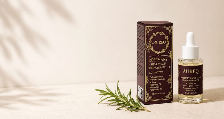 Aureq Rosemary Hair Scalp Strengthening Gel bottle and box on a beige background
