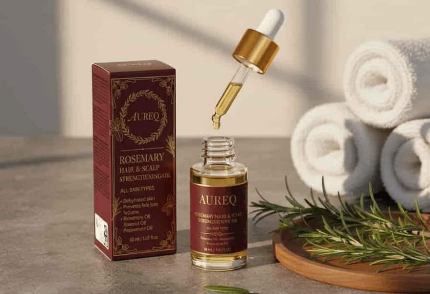 Aureo Rosemary hair and scalp oil with packaging and rosemary leaves on a wooden surface.