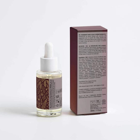 Rosemary hair oil AUREQ 30ml bottle with dropper and packaging for scalp care and healthy hair.