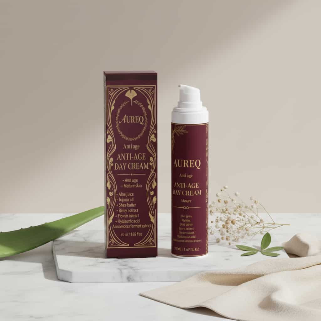 AUREQ Hydrating Day Cream with Hyaluronic Acid bottle and box on a marble surface, showcasing anti-aging skincare benefits.
