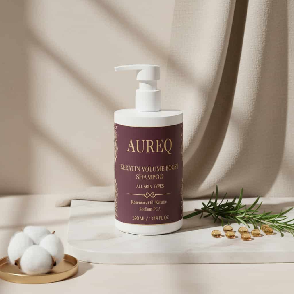 AUREQ Keratin Volume Boost Shampoo bottle with pump, designed for all skin types, placed on a neutral background.