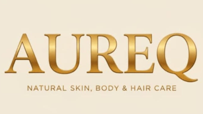 Aureq logo for natural skin, body, and hair care on a beige background