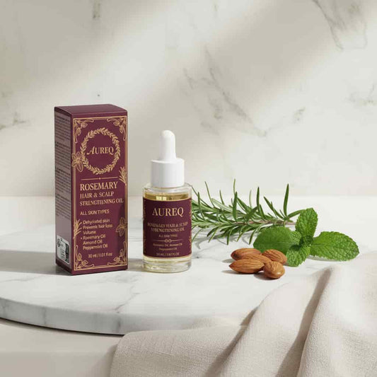 Rosemary hair oil AUREQ 30ml bottle with packaging and natural ingredients on marble surface.