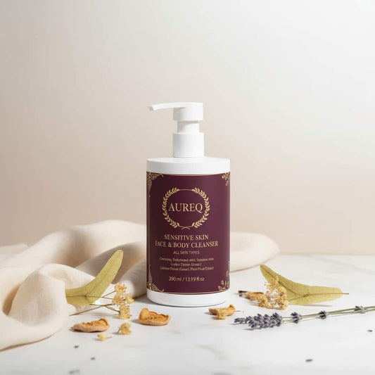 AUREQ Sensitive Skin Face & Body Cleanser bottle positioned on a neutral background with botanical elements.