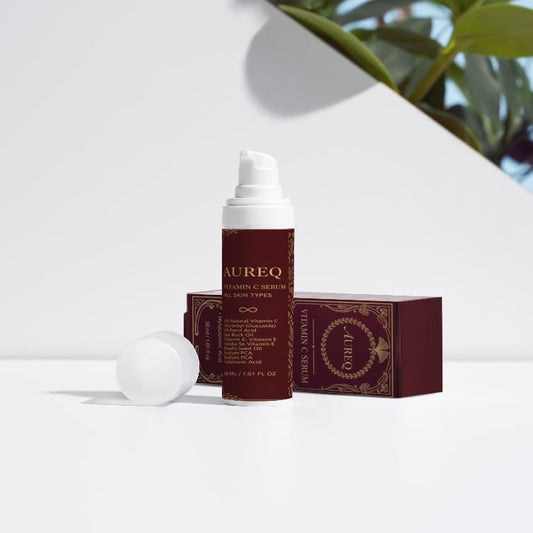 AUREQ vitamin c serum 30 ml bottle and box packaging on white background