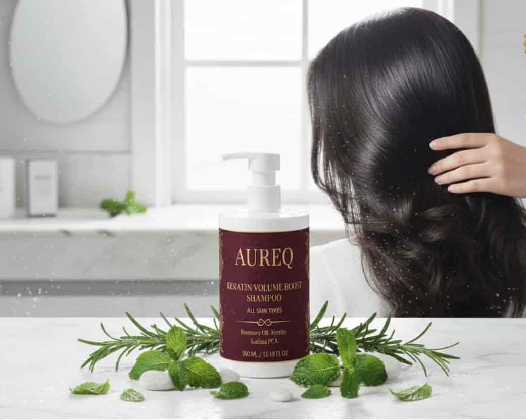 AUREQ Keratin Volume Boost Shampoo with fresh herbs, promoting fuller hair in a chic bathroom setting.