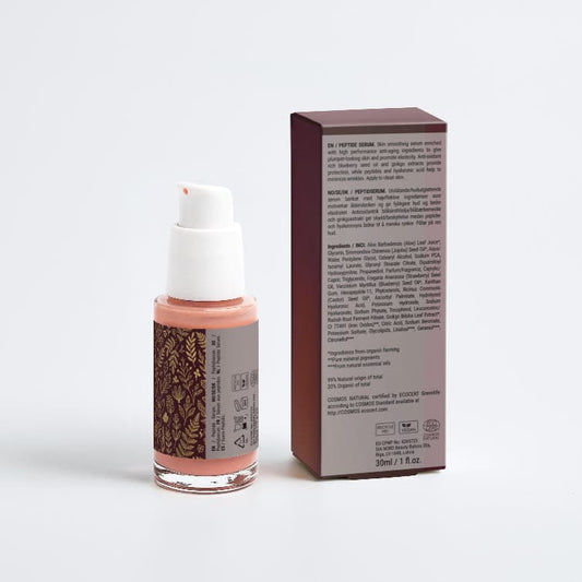 peptide anti-aging serum AUREQ product bottle and box with pump, COSMOS Natural certified biomimetic peptides and hyaluronic acid